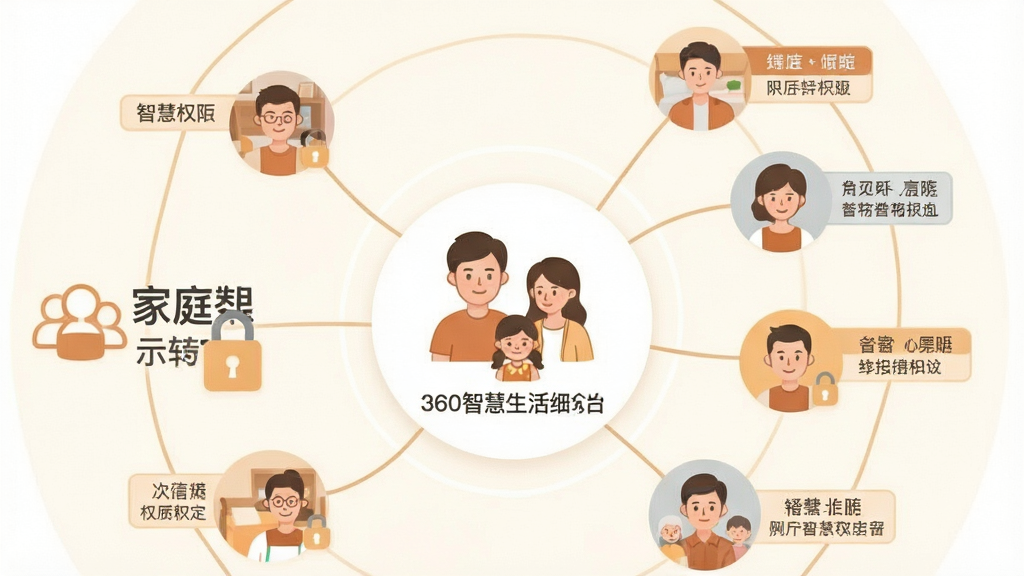 一张展示家庭共享功能的示意图,画面中一个家庭群组图标连接多个用户头像,每个头像旁有权限标签,布局呈圆形环绕,风格温馨扁平化,细节包含锁形图标、权限文字、连接线,画质清晰干净,无多余元素,图片中文字标注“360智慧生活”