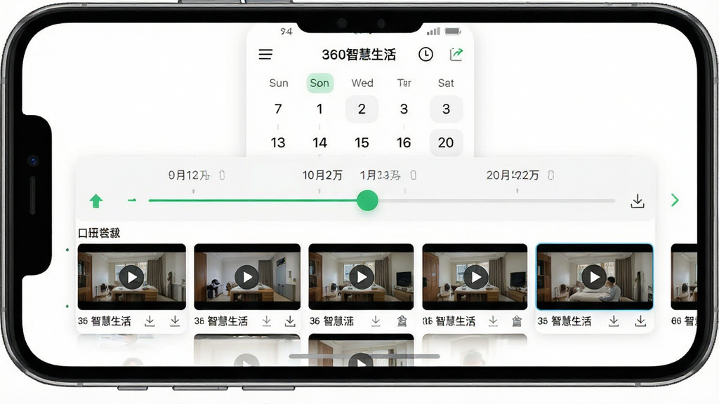 一张展示录像回放时间轴界面的手机截图样机,画面中手机屏幕显示日历与时间轴滑块,下方排列多个视频缩略图,布局居中,风格简洁直观,细节包含日期标记、播放按钮、下载图标,画质清晰干净,无多余元素,图片中文字标注“360智慧生活”