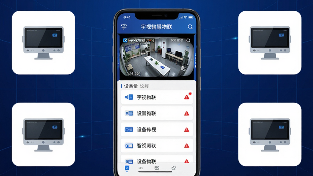 ����Ϊһ����׿�ֻ���Ļ��ʾ�����ǻ�����app�����棬���ֲ��þ����ֻ�չʾ�������豸ͼ�껷�ƣ��Ű����ֻ�ռ�ݻ�������λ�ã����Ϊ�ִ��Ƽ��б�ƽ����ƣ�ϸ�ڰ����ֻ���Ļ�ϵ���Ƶ��ش��ڡ��豸�б���Ƭ���澯�����ʾ������Ϊ����ɫ���䲢�����������������ʸ���ɾ��޶���Ԫ�أ����������ֱ�ע�������ǻ�������
