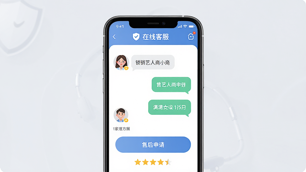 �������̳ǿͷ����ۺ���ҳ��չʾ����������Ϊ�ֻ���Ļ����Ļ����ʾ���߿ͷ��Ի��������ۺ�������ڣ�����Ϊ��͵�ǳ��ɫ�����ֲ��þ��й�ͼ���Ű�ͻ���ͷ�ͷ���빵ͨ��ť�����Ϊ�Ѻ��׺͵�����磬ϸ�ڰ�������ͼ�ꡢ�Ի����ݡ�����������Ǽ������ʸ��壬�ɾ����޶���Ԫ��