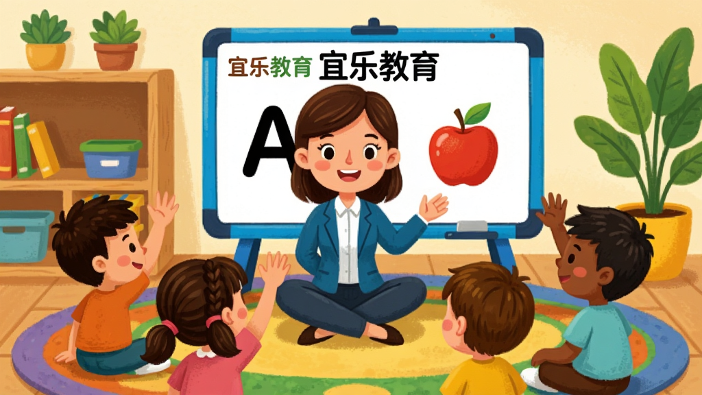 һ�Ŷ�ͯӢ�����ɿ��õ�AI��ͼ������������һλ��ͨ�����ʦ���ڲ�ɫ��̺�ϣ���ǰ�ڷ���д�С����ֽ����������Ļ����װ壬�װ�����ʾ��ĸA��ƻ��ͼ������Χ���ĸ���ͬ��ɫ�Ŀ�ͨС���Ѿ��ֻ���������Ϊ���ҳ������Ű����ǰ�������뱳���װ�ֲ㣬���Ϊ��ů�����Ļ汾�廭�磬ϸ�ڰ���ľ����ܡ���ɫ���Ժ�Բ�εص棬���ʸ��壬����ɾ����޶���Ԫ��