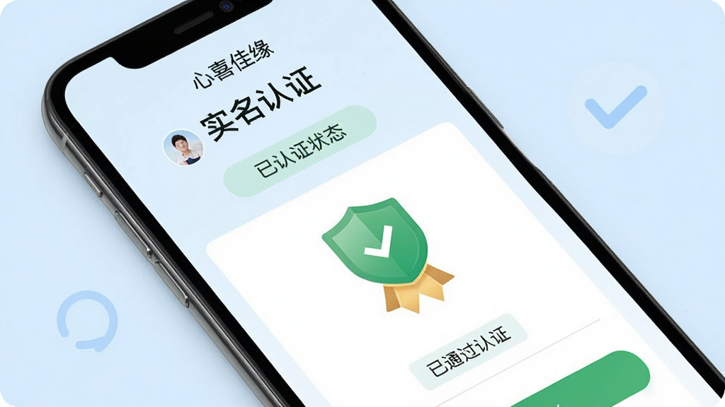 手机屏幕中展示“心喜佳缘”应用的实名认证页面,主体为认证表单与绿色盾牌标识,布局为上下结构,上方标题“实名认证”下方为已认证状态与用户头像;排版采用手机界面斜放展示,背景为淡蓝色,风格简洁安全,细节包含对勾图标、认证徽章、文字“已通过认证”;画质清晰,干净,无多余元素