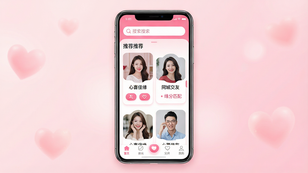 一款名为“心喜佳缘”的婚恋交友手机应用界面展示,主体为手机屏幕中呈现的粉色与白色相间的应用首页,页面布局包含顶部搜索栏、中部推荐的异性用户头像卡片、底部导航栏;排版采用居中展示手机正视图,背景为柔和的浅粉色渐变,风格清新浪漫,细节上用户头像清晰、按钮图标圆润、界面文字为简体中文“心喜佳缘”“同城交友”“缘分匹配”;画质高清,干净,无多余元素