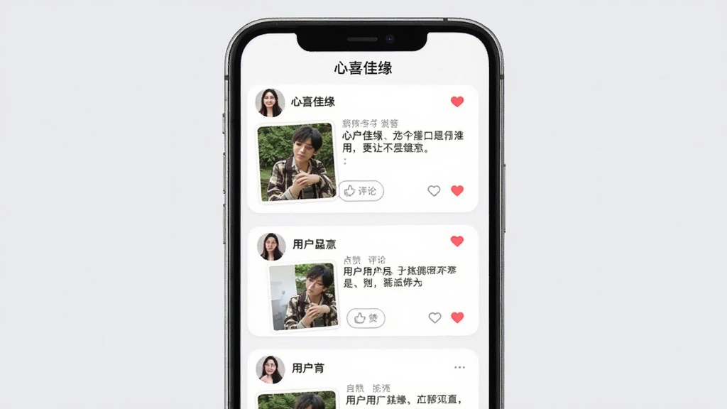 手机屏幕中展示“心喜佳缘”应用的动态广场页面,主体为瀑布流布局的用户动态卡片,包含照片、文字描述和点赞评论按钮;布局为手机界面居中展示,背景为浅灰色,风格生活化,细节上卡片圆角、头像小图、爱心图标为红色;画质清晰,干净,无多余元素