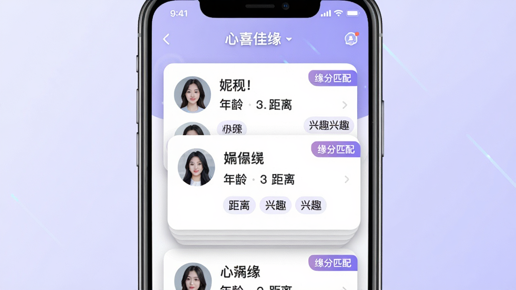 手机屏幕中展示“心喜佳缘”应用的推荐页面,主体为多张用户卡片以叠层形式排列,每张卡片包含头像、昵称、年龄、距离和兴趣标签;布局为居中手机展示,背景为浅紫色渐变,风格现代科技感,细节上卡片带有轻微阴影、右上角有“缘分匹配”文字标签;画质高清,干净,无多余元素
