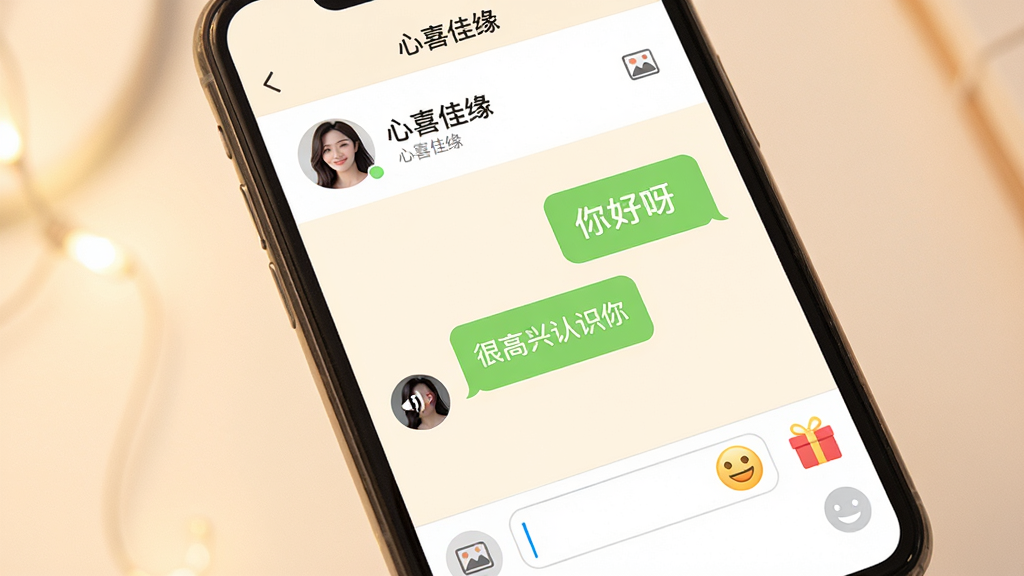 手机屏幕中展示“心喜佳缘”应用的聊天对话界面,主体为聊天气泡与输入框,布局为上下结构,上方为对方头像与昵称,中部为对话内容“你好呀”“很高兴认识你”,下方为输入框与表情按钮;排版为手机正面展示,背景为暖白色,风格温馨亲切,细节包含语音图标、图片图标、礼物图标;画质高清,干净,无多余元素