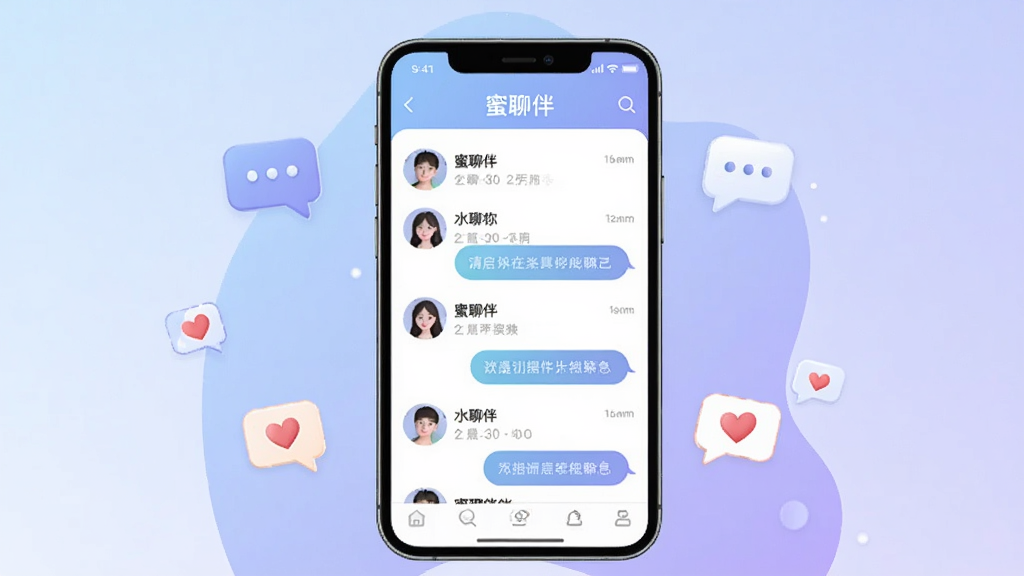 一张展示蜜聊伴软件主界面的竖版手机截图风格插画,画面中央是一部现代智能手机,屏幕内显示蜜聊伴聊天列表界面,包含头像、昵称和消息气泡,背景为柔和的蓝紫渐变,周围点缀聊天气泡图标和爱心符号,整体风格清新简洁,画质干净,无多余元素