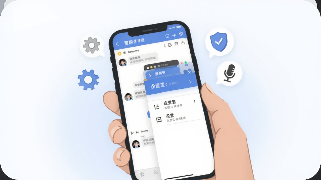一张展示蜜聊伴移动端操作界面的插画,画面中一只手拿着手机,屏幕上显示聊天界面和设置菜单,旁边有齿轮、盾牌、麦克风等小图标漂浮,背景为浅蓝色到白色的渐变,风格简洁实用,画质干净,无多余元素