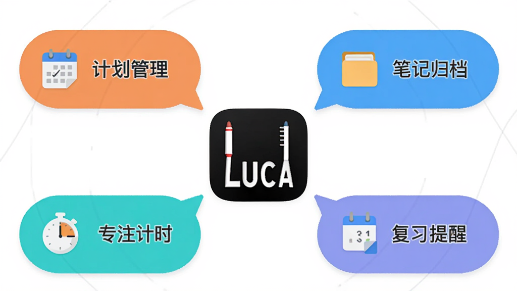 功能展示图,画面中心为Luca应用图标,周围环绕四个功能气泡分别标注“计划管理”“笔记归档”“专注计时”“复习提醒”,布局呈放射状,风格为现代扁平化设计,细节包括气泡内的图标和简短文字,画质清晰,干净,无多余元素