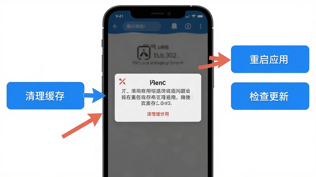 Luca应用问题排查示意图,画面展示手机屏幕出现闪退提示,旁边有清理缓存、重启应用、检查更新三个操作按钮,布局为手机界面截图风格,细节包括错误提示框和操作指引箭头,画质清晰,干净,无多余元素