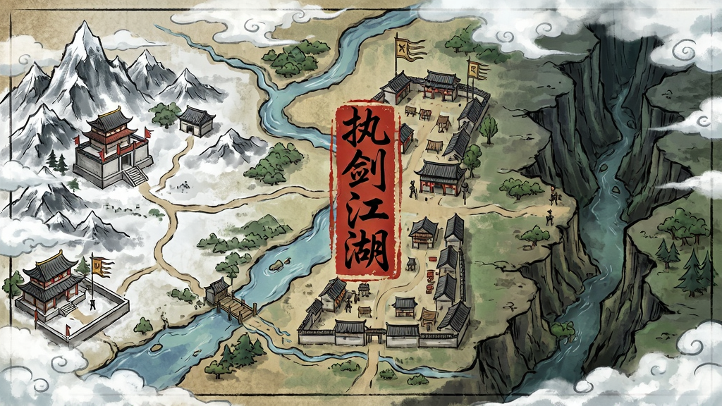 执剑江湖开放世界地图场景,主体为俯瞰视角的武侠大陆全貌,布局上左侧为雪山门派、中部为繁华城镇、右侧为幽深峡谷,画面中央有