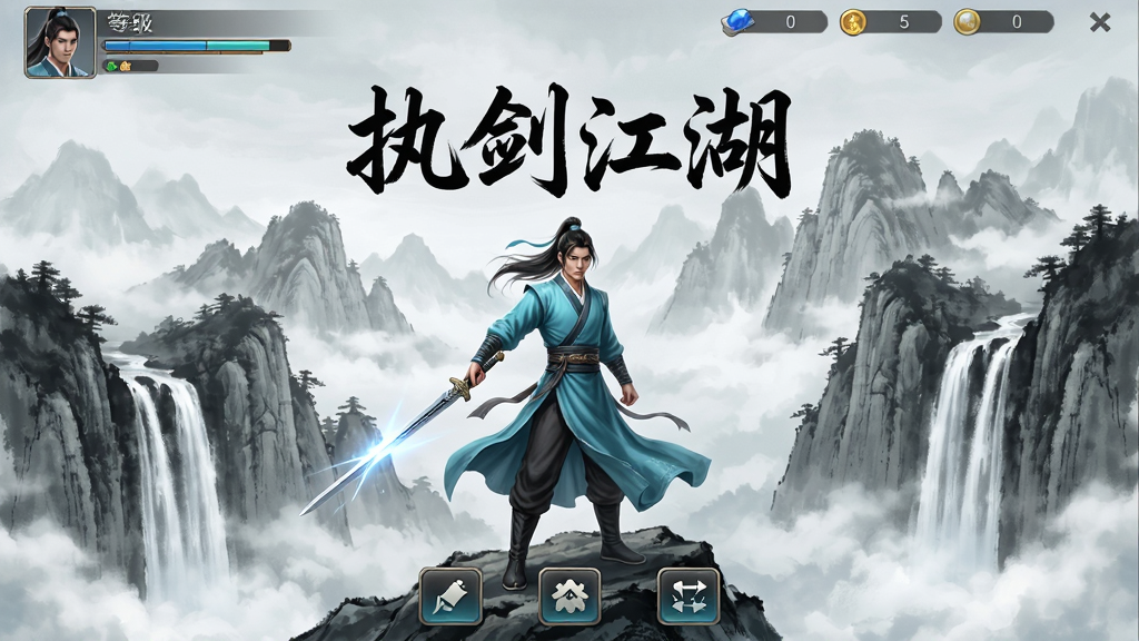 执剑江湖游戏主界面预览图,主体为一位身穿青衫的侠客手持长剑立于山巅,背景是层峦叠嶂的水墨远山与飞瀑流泉,画面中央上方有