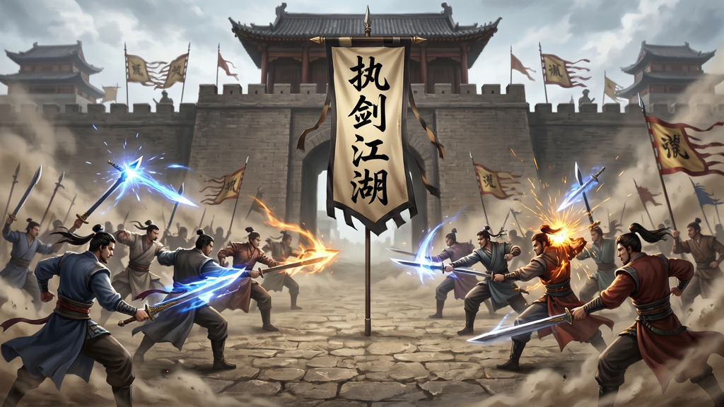 执剑江湖帮派战场景,主体为数十位侠客在古城门前列阵对峙,布局为两军对垒的对称构图,画面中央有