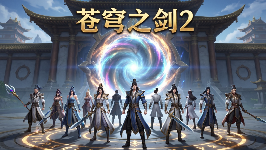 画面主体为一群仙侠角色在宏伟的仙宫前集结,准备进入副本挑战,画面布局为前后景深构图,前方为角色群像,后方为巨大的副本入口传送门,排版上方用金色字体书写“苍穹之剑2”,风格为仙侠团队冒险,细节包括传送门的光效、角色身上的装备细节、地面的符文阵,画质为高清,画面干净无多余元素