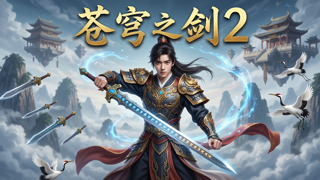 画面主体为一位身穿华丽仙侠铠甲、手持发光长剑的年轻剑客,背景是云雾缭绕的仙山与悬浮的宫殿,画面布局采用中心对称构图,剑客位于画面正中央,四周环绕着飘动的灵气光效,排版上方用金色大字书写“苍穹之剑2”,整体风格为中国风仙侠奇幻,细节包括剑身上的符文纹理、飘逸的衣摆、远处的飞剑与仙鹤,画质为4K超高清,画面干净整洁,无多余元素