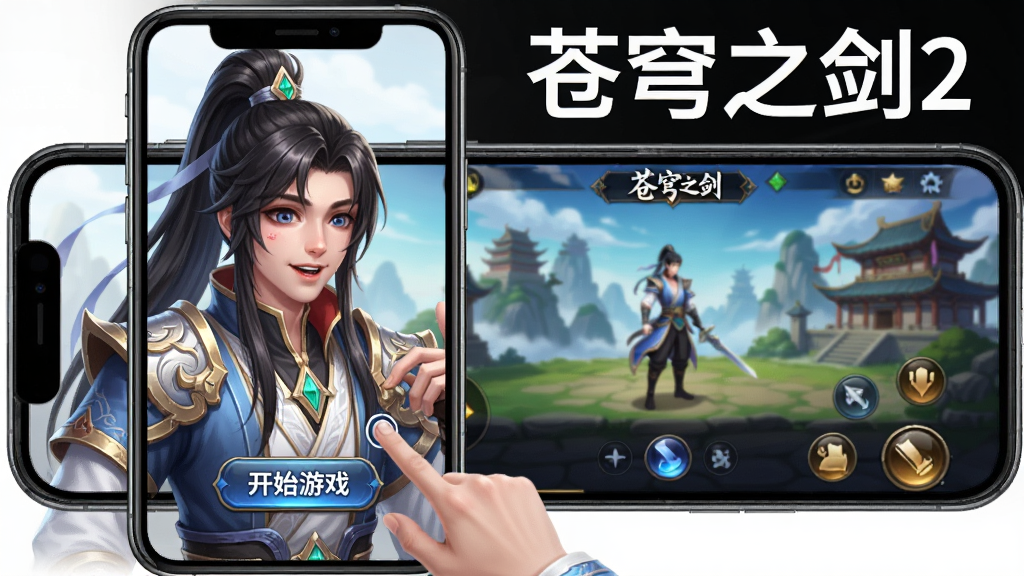 画面主体为一位仙侠角色站在手机屏幕前,手指点击屏幕上的“开始游戏”按钮,画面布局为竖版手机界面构图,角色位于屏幕左侧,右侧为游戏主界面,排版上方用白色字体书写“苍穹之剑2”,风格为手游操作指引图,细节包括手机边框、游戏UI按钮、角色期待的表情,画质为高清,画面干净无多余元素