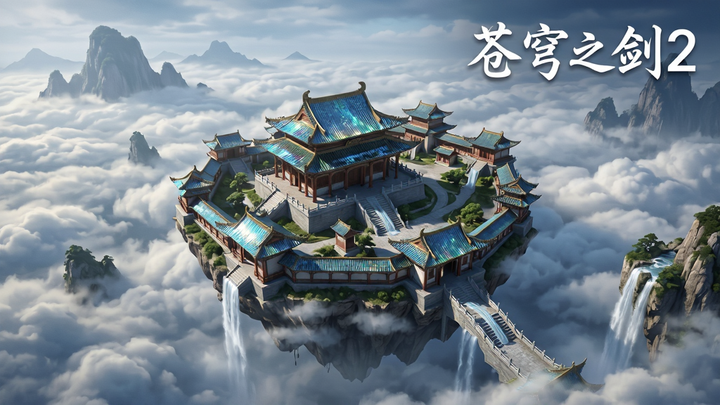 画面主体为一座悬浮在云海之上的仙侠古城,建筑风格为东方古典,画面布局为俯瞰全景构图,古城位于画面中央,四周环绕云海与飞瀑,排版右上角用白色字体书写“苍穹之剑2”,风格为仙侠场景概念图,细节包括屋檐的琉璃瓦反光、云层的层次感、远处的山峰轮廓,画质为4K,画面干净无多余元素