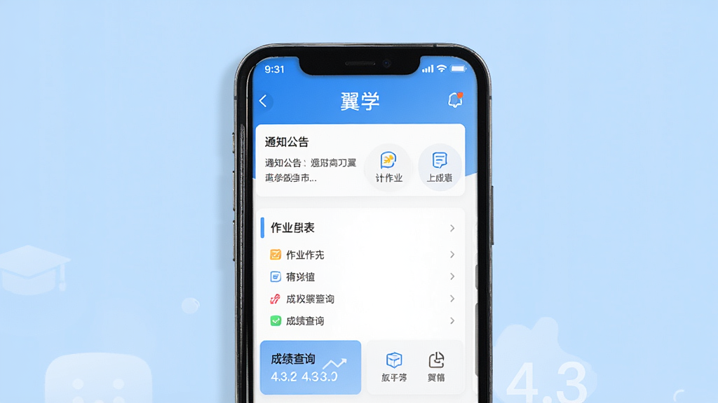 ��ѧ 4.3.2 �汾�ٷ�Ӧ�ý���չʾ������Ϊһ�������ֻ�����Ļ����ʾ��ѧAPP��ҳ������֪ͨ���桢��ҵ�б����ɼ���ѯ�ȹ���ģ�飬��������������Ϊǳ��ɫ���䣬������ִ���ϸ�ڷḻ�����ʸ��壬�ɾ����޶���Ԫ��