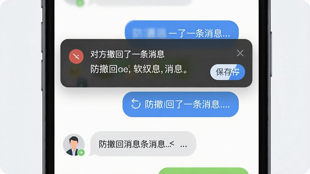 名为“防撤回消息”的软件功能示意图,主体为手机屏幕弹出通知横幅,横幅中显示“对方撤回了一条消息”并附带原始文字内容,布局为顶部横幅加下方聊天列表,风格为现代扁平化设计,细节包含消息气泡、撤回图标和保存按钮,画质清晰,画面干净整洁