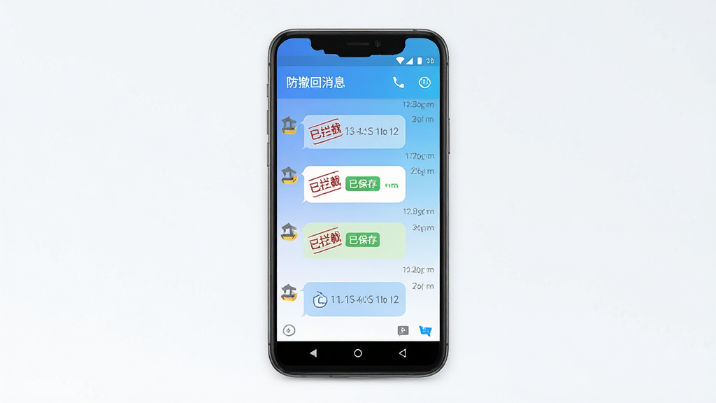 一款名为“防撤回消息”的安卓手机应用界面展示图,主体为居中放置的手机屏幕,屏幕上显示聊天记录列表,每条消息旁带有“已拦截”“已保存”标签,布局清晰,采用扁平化UI风格,配色为蓝白渐变,细节上包含消息气泡、时间戳和防撤回图标,画质高清,画面干净,无多余元素