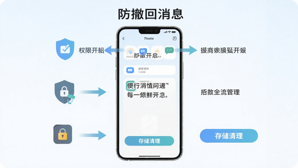 名为“防撤回消息”的使用教程示意图,主体为手机屏幕分步操作界面,布局为三步骤纵向排列,风格为清新浅色系,细节包含权限开启箭头、后台锁定图标和存储清理按钮,画质高清,画面干净整洁