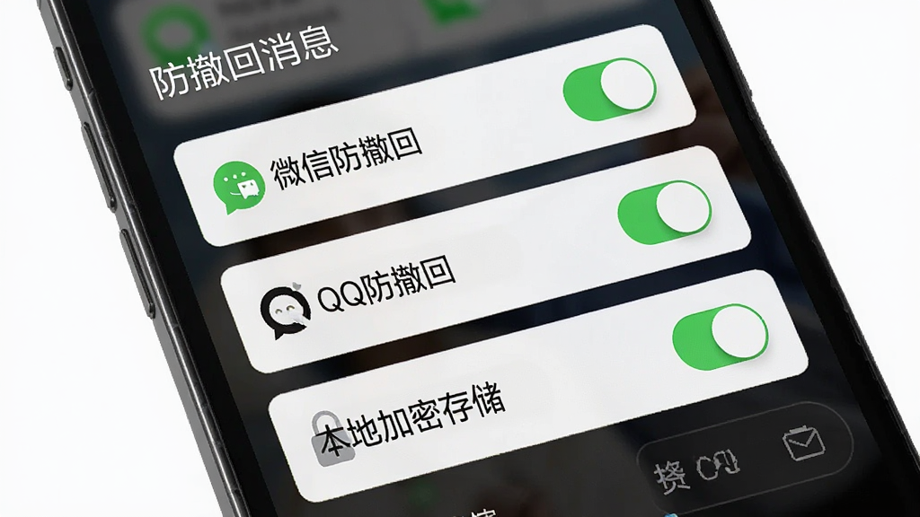 名为“防撤回消息”的应用设置界面图,主体为手机屏幕显示功能开关列表,布局为纵向排列的选项卡片,风格为极简浅色系,细节包含“微信防撤回”“QQ防撤回”“本地加密存储”等开关按钮,画质高清,画面干净无杂乱元素