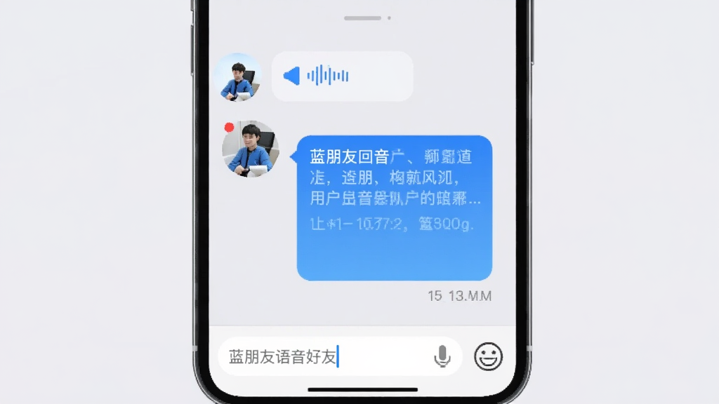 蓝朋友语音好友私聊界面,画面展示手机聊天窗口,左侧为好友头像与语音条气泡,右侧为用户回复内容,底部有输入框与表情按钮,背景为浅灰色,风格简约清爽,布局纵向排列,细节包含未读红点与时间戳,画质干净清晰,无多余元素