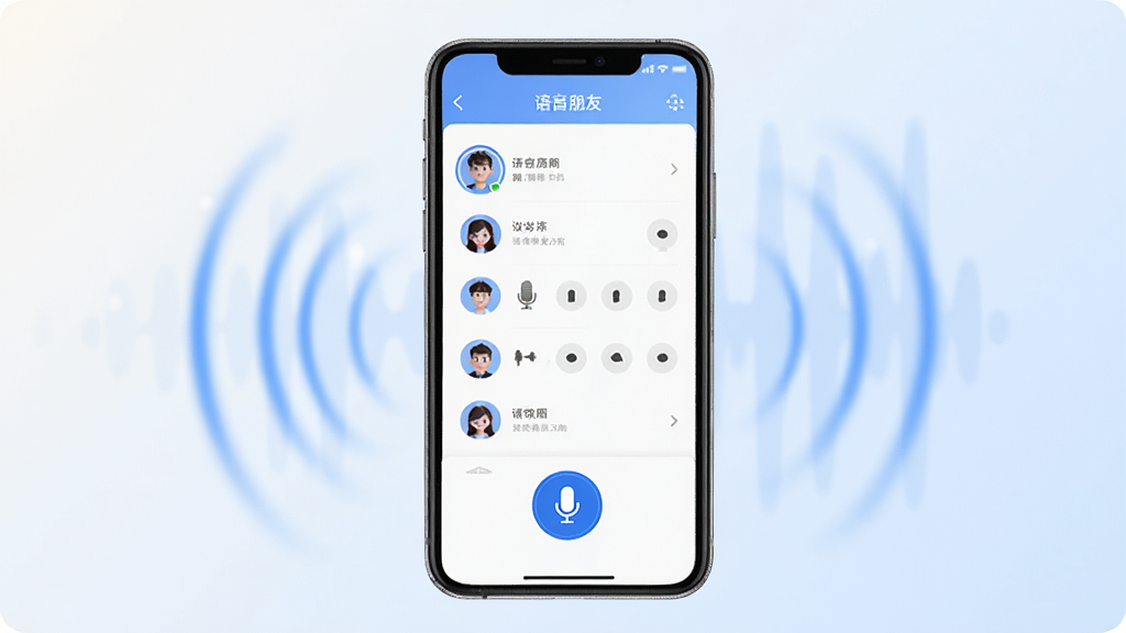 蓝朋友语音软件主界面全貌展示,画面中央放置一部智能手机,屏幕内显示语音房间列表与麦克风图标,周围环绕柔和的蓝色声波纹理,背景为浅色渐变,整体风格清新简洁,布局居中对称,细节上突出圆形头像与麦位排列,画质清晰干净,无多余元素