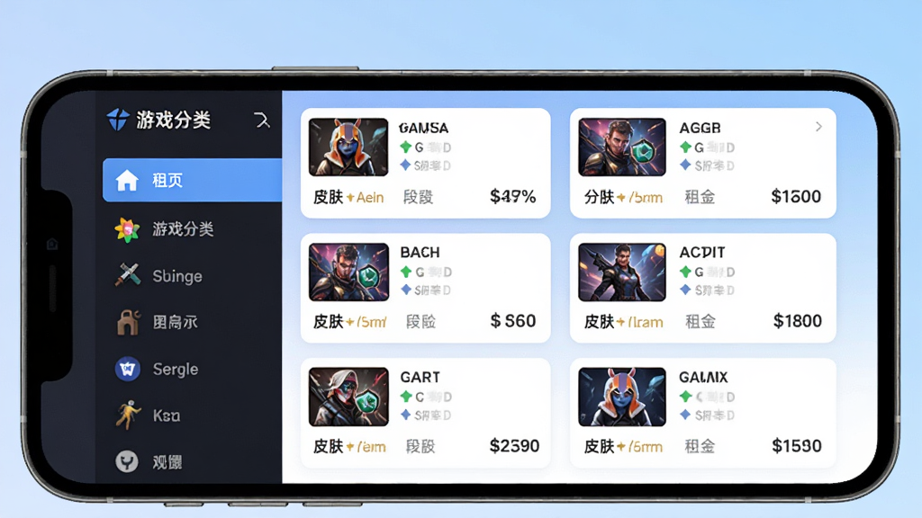 ����κ����˺���Դ���棬�������ֻ���ĻΪ���壬��Ļ��չʾ�����APP���˺��б�ҳ�����Ϊ��Ϸ���ർ�������Ҳ�Ϊ�˺ſ�Ƭ�ٲ�������Ƭ�ϱ�ע��Ϸ���ơ���λ��Ƥ�����������۸񣬱���Ϊ����ɫ���䣬��������죬ϸ�����������ʸ��壬�ɾ��޶���Ԫ��