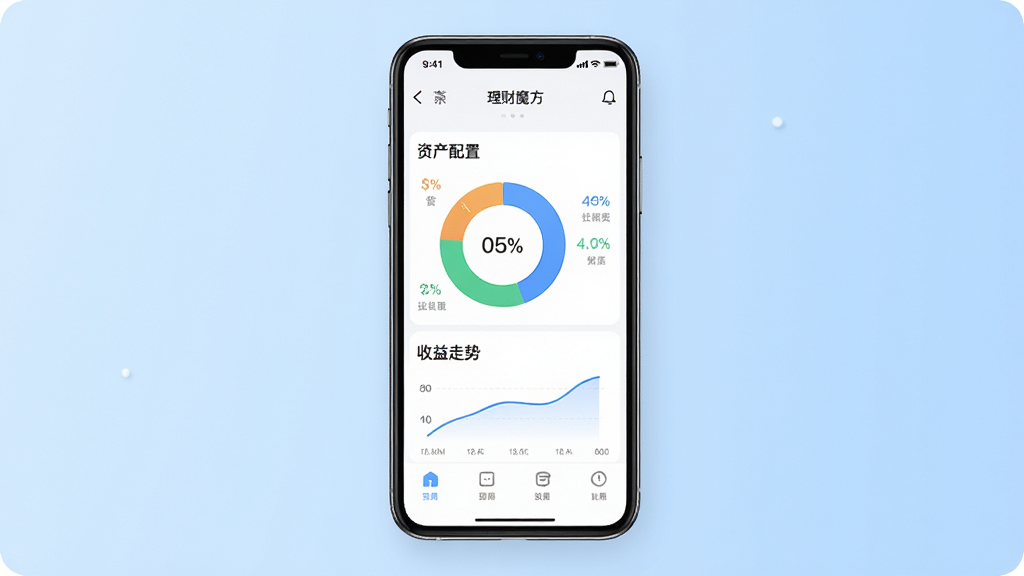 理财魔方应用主界面全景展示,画面中央是一部智能手机,屏幕显示理财魔方App的资产总览页面,包含环形资产配置图与收益走势曲线,背景为浅蓝色渐变,布局采用居中构图,风格现代简约科技感,细节包括清晰的数字标签和图标,画质高清,干净无多余元素
