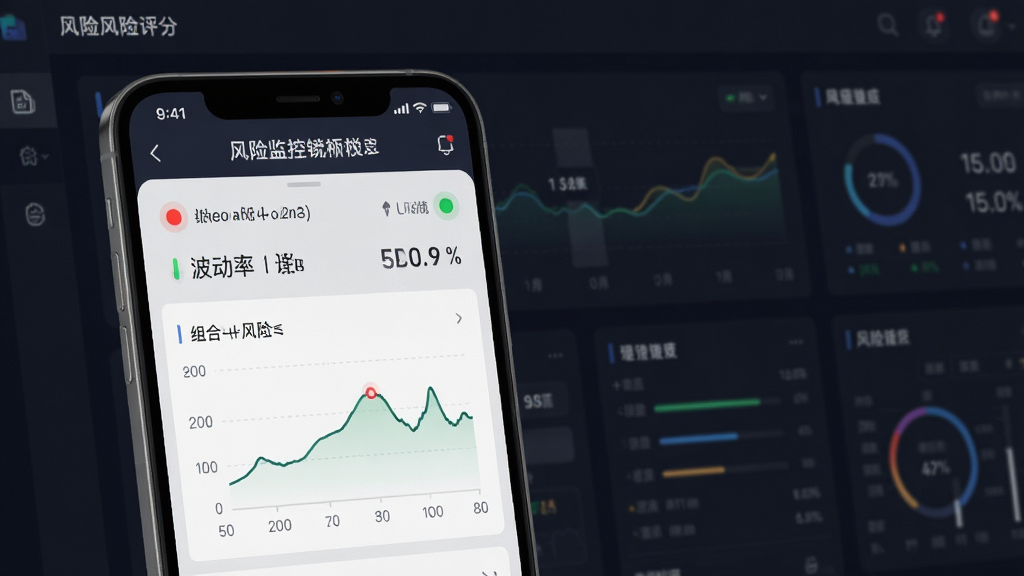 理财魔方风险监控仪表盘,画面主体为手机屏幕显示组合风险评分与波动率曲线,背景是深色数据面板风格,布局为上下结构,风格专业严谨,细节包含红绿指示灯和百分比数值,画质高清,干净无多余装饰