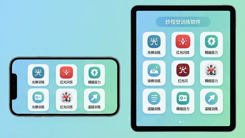 妙视力视觉训练软件主界面全貌展示,主体为一台横屏放置的智能手机和平板电脑并排展示,屏幕中呈现软件首页训练项目图标网格,包含光栅训练、红光闪烁、精细目力、追随训练等模块,布局为居中对称式排版,风格为清新医疗健康风,细节包含柔和蓝绿色渐变背景、圆角卡片图标、简洁中文标签文字,画质高清干净无多余元素