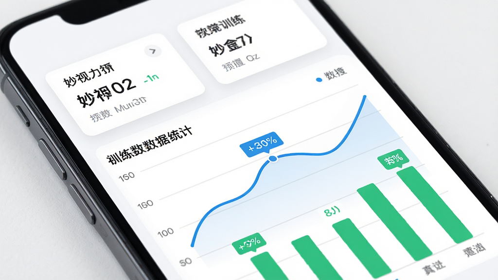 妙视力视觉训练软件训练数据报告页面,主体为手机屏幕展示数据统计图表,布局为上方摘要卡片下方折线图与柱状图组合,风格为简约数据可视化风,细节包含蓝色折线、绿色柱状、百分比数字标签,画质高清干净无多余元素