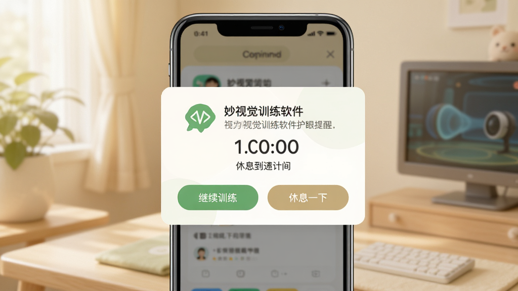 妙视力视觉训练软件护眼提醒弹窗界面,主体为手机屏幕居中显示提醒弹窗,布局为居中模态框排版,风格为柔和温馨风,细节包含绿色护眼图标、休息倒计时数字、继续训练与休息一下按钮,画质高清干净无多余元素