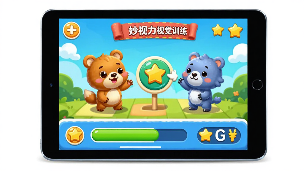 妙视力视觉训练软件游戏化训练界面,主体为平板电脑屏幕展示,屏幕中显示卡通动物角色与训练目标互动的游戏画面,布局为上下分栏排版,上方为训练区域下方为进度与得分,风格为卡通童趣风,细节包含明亮色彩、圆润角色造型、星星积分图标,画质高清干净无多余元素