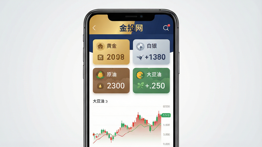 一张手机屏幕正面展示财经行情APP的界面图,画面主体是一部竖屏智能手机,屏幕中显示