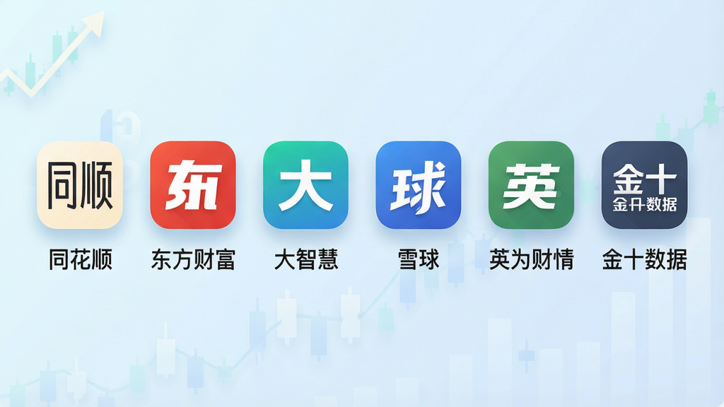 一张展示多款财经APP图标横向排列的概念图,画面主体是六个圆角矩形图标整齐排成一行,图标下方分别标注