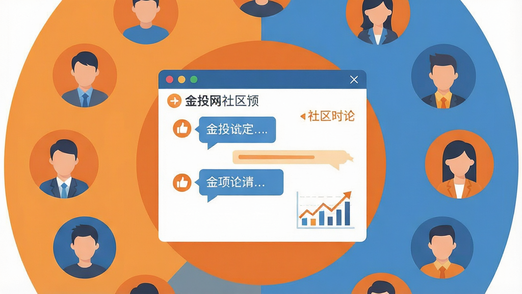 一张表现投资者在线交流场景的扁平化插画,画面主体是多个圆形头像围绕一个中央聊天窗口,窗口内显示