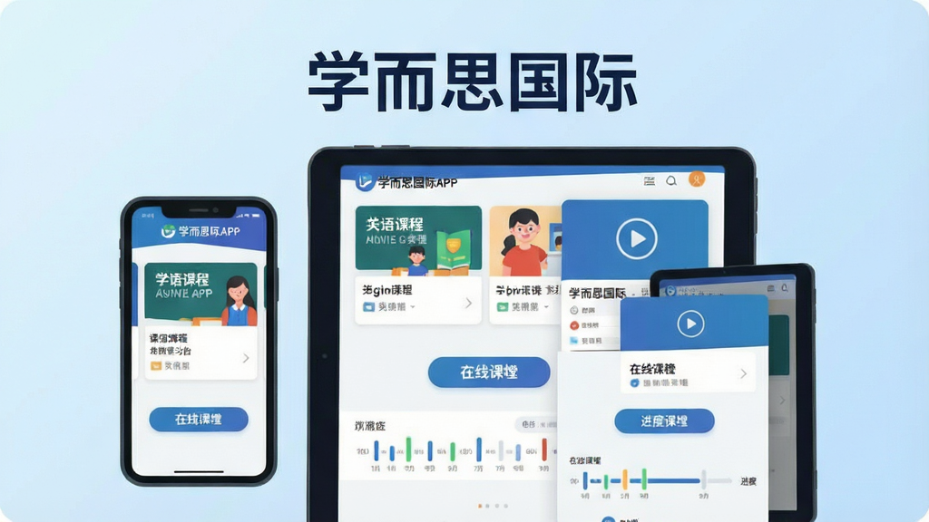 һ��չʾѧ��˼��������ѧϰƽ̨ȫò�Ĳ廭����������Ϊ�ֻ���ƽ���豸��Ļ����Ļ����ʾѧ��˼����APP�Ŀγ̽��棬����Ӣ��γ̿�Ƭ�����߿��ð�ť�ͽ�����������Ϊǳ��ɫ���䣬���ּ���������Ű�ͻ���������ơ�ѧ��˼���ʡ������Ϊ��ƽ���Ƽ��磬ϸ�ڰ���ͼ�ꡢ��ť�����ֱ�ǩ�����ʸ��壬�ɾ����޶���Ԫ�ء�