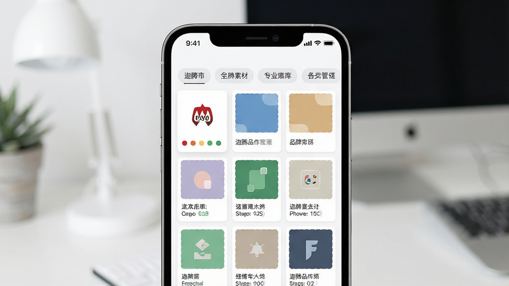 һ��չʾ����Ʒ��Ʒ���زĹ��������ͼƬ���������ֻ���Ļ��ʾ�زĿ����񲼾֣�����Ϊ�ز�����ͼ�������У��Ű�Ϊ�����з����ǩ�������Ϊ���¼�Լ�Ŀ�Ƭʽ��ƣ�ϸ�ڰ���Logoͼ�ꡢ��ɫɫ������ֱ�ǩ�����ʸ��壬�ɾ����޶���Ԫ��
