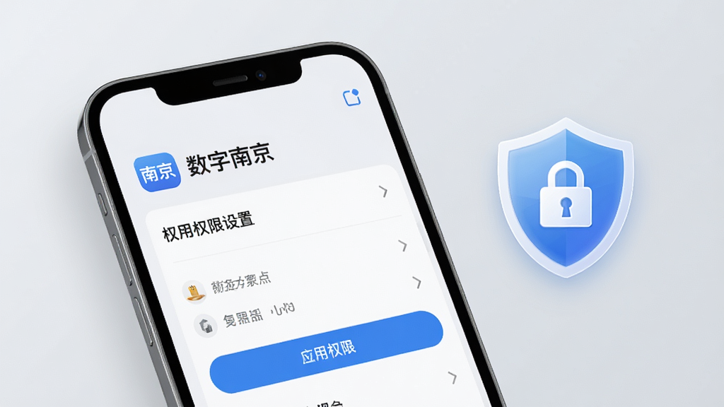 手机屏幕显示“数字南京”应用权限设置页面,旁边有盾牌与锁的图标,背景为浅灰色,风格简洁科技感,画面干净,高清画质,无多余元素