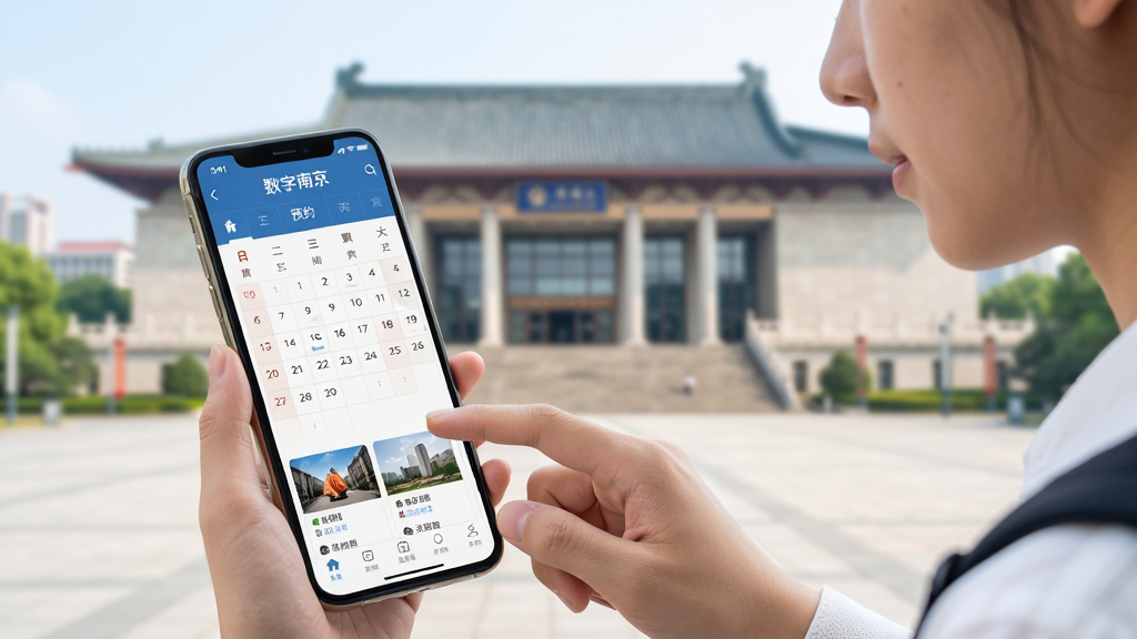 一位年轻人在手机屏幕上操作“数字南京”文旅预约界面,背景是南京博物院建筑外观,画面明亮清新,手机界面显示日历与场馆列表,人物手部自然,风格写实,高清画质,画面干净