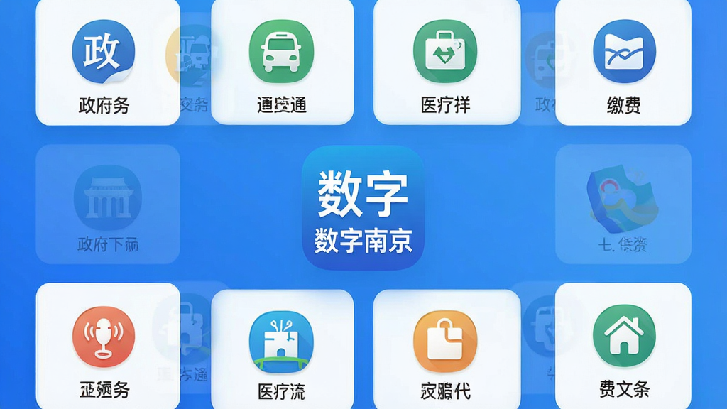 一张信息聚合型手机界面展示图,画面中央是“数字南京”应用图标,四周环绕政务、交通、医疗、文旅、缴费等服务模块的扁平化图标,蓝色渐变背景,排版整齐,风格现代简洁,高清画质,干净无杂乱元素