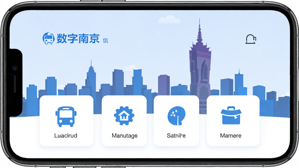 手机屏幕中显示“数字南京”应用主界面,背景是南京城市天际线与紫峰大厦剪影,界面卡片包含交通、政务、文旅图标,蓝白配色,扁平化设计风格,画面干净整洁,高清画质,无多余元素