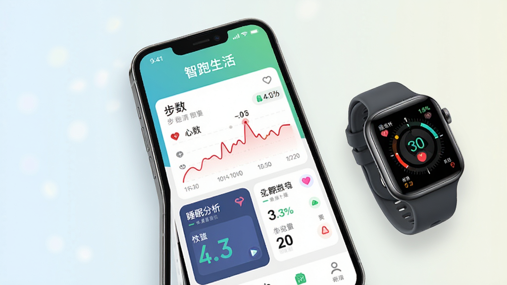 画面中央是一部智能手机,屏幕上显示“智跑生活”应用主界面,界面包含步数统计、心率曲线、睡眠分析等模块,手机旁边放置一款智能手表,背景为简洁的浅色渐变,整体风格现代科技感,布局清晰,排版整齐,细节丰富,画质高清,干净无多余元素