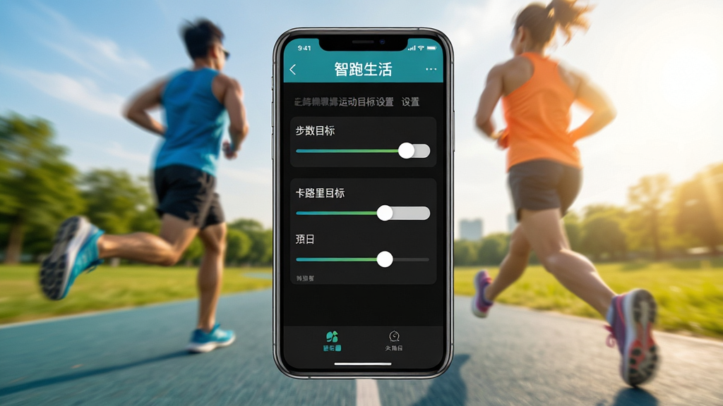手机屏幕显示“智跑生活”运动目标设置页面,包含步数目标、卡路里目标等滑块调节选项,背景为户外跑步场景,风格活力动感,布局居中,细节丰富,画质高清,干净无多余元素
