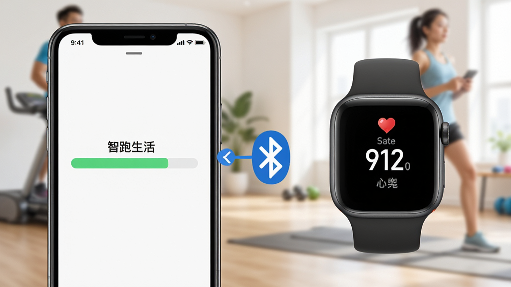 一部智能手机与智能手表通过蓝牙连接,手机屏幕显示“智跑生活”数据同步进度条,手表屏幕显示心率数值,背景为室内运动场景,布局左右对称,风格简洁明快,细节清晰,画质高清,干净无多余元素
