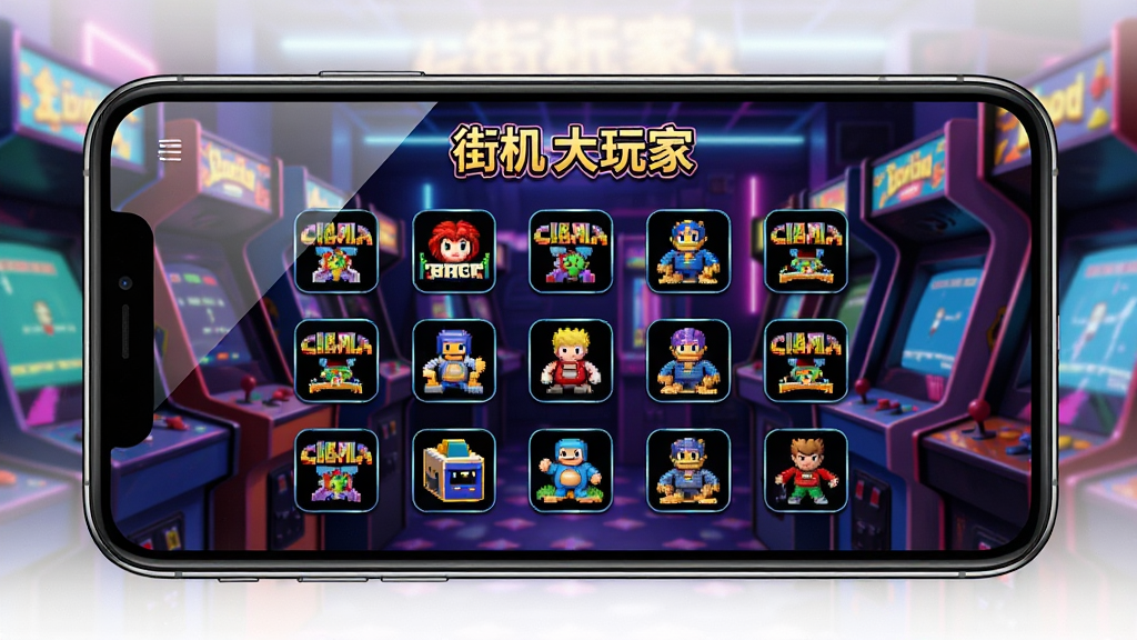 一张展示街机大玩家软件界面的手机预览图,画面中央是一部智能手机,屏幕上显示着街机大玩家的游戏选择界面,界面中有多个经典街机游戏图标排列整齐,背景是复古游戏厅风格,霓虹灯光效果,色彩鲜艳,布局清晰,风格为写实科技风,细节包括手机边框、屏幕反光、游戏图标上的文字“街机大玩家”,画质高清,干净,无多余元素