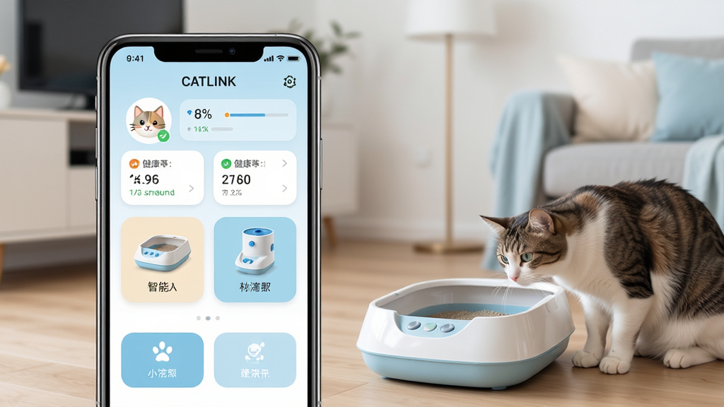 һ��չʾ�����ֻ���Ļ��ͼƬ����Ļ����ʾCATLINKӦ�ó���������棬���沼���������Ϸ��ǳ���ͷ��ͽ������ݿ�Ƭ���в�������èɰ�����ˮ���Ĺ���״̬ͼ�꣬�·��ǿ�ݲ�����ť����������ܰ���ִ��Ҿӻ�����һֻè��������èɰ���Ժ�����������������������ɫ���԰�ɫ��ǳ��ɫΪ����ϸ�ڷḻ�����ʸ��壬�ɾ����޶���Ԫ�ء�