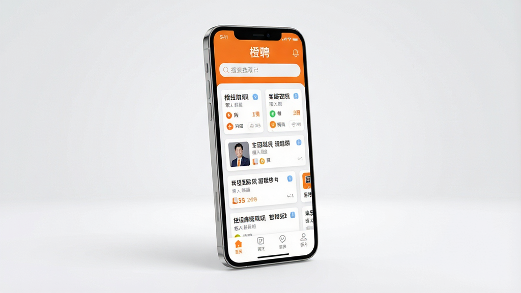 һ��չʾ��ƸAPP���Ľ�����ֻ�ģ��ͼ������������һ���ִ���ʮ��������ֻ�����Ļ��ʾ��ƸAPP��ְλ�Ƽ��б����棬��������Գ�ɫ�Ͱ�ɫΪ��ɫ��������������������������ְλ��Ƭ�͵ײ�������������Ϊ����ǳ��ɫ���䣬������ͣ�������ɾ���רҵ�����񡣻��������������ɼ�����Ƹ�����֣����ʸ��壬ϸ�ڷḻ���޶���Ԫ�ء�